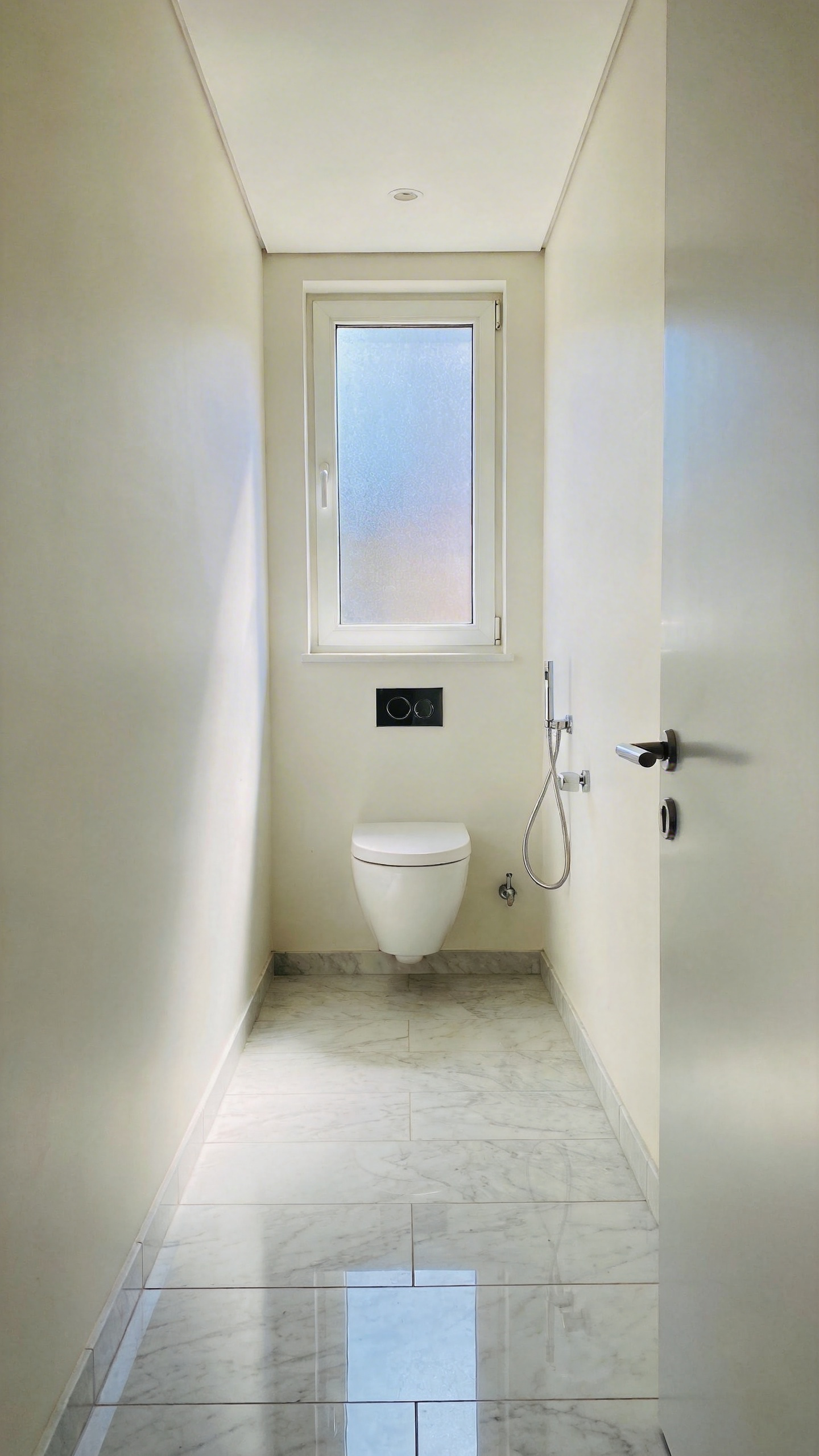 A minimalist small bathroom design showing a wall-mounted toilet floating over a seamless marble floor to maximize visual space.