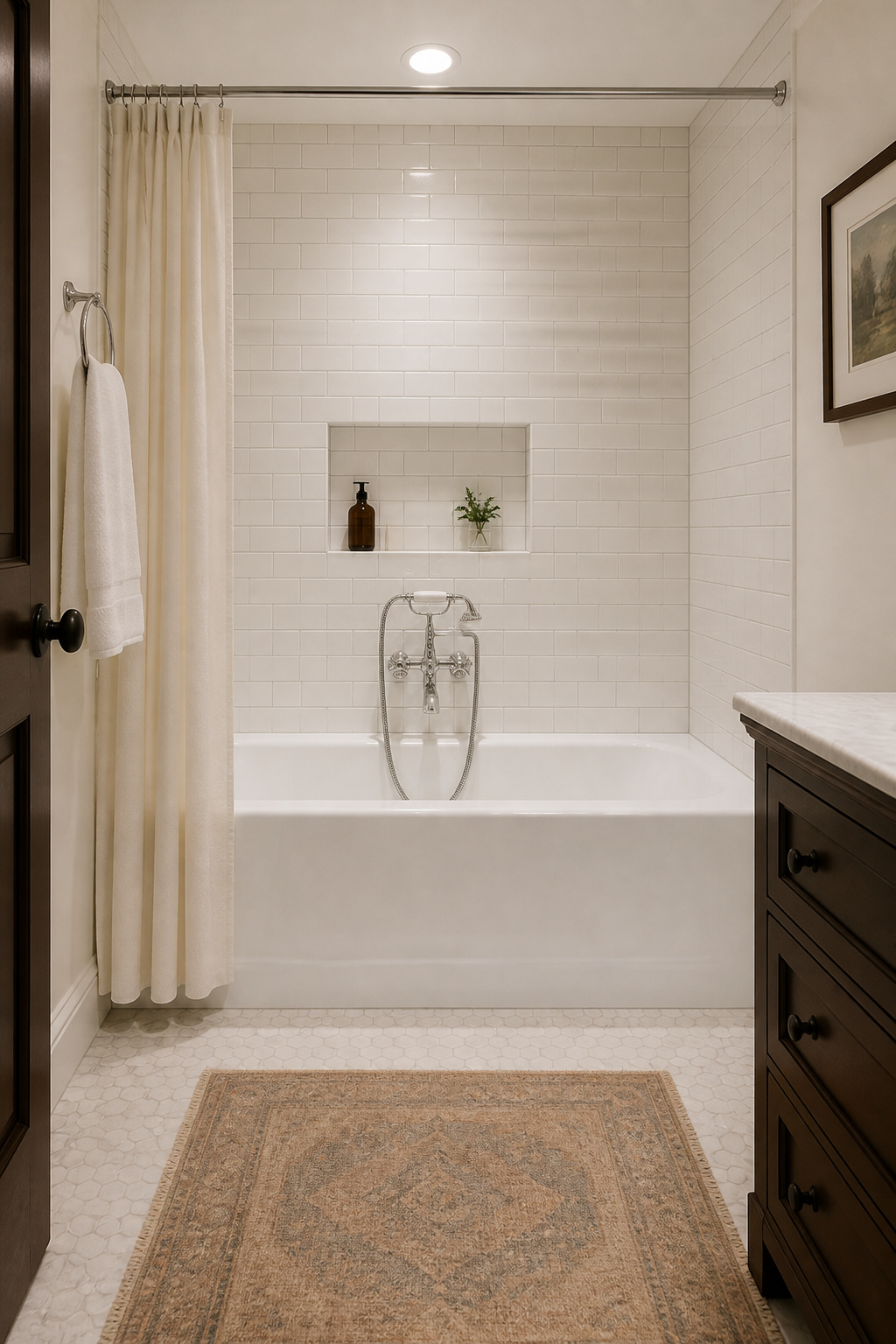 Professionally reglazed white porcelain bathtub in tiled alcove — budget bathroom remodel tub refinishing