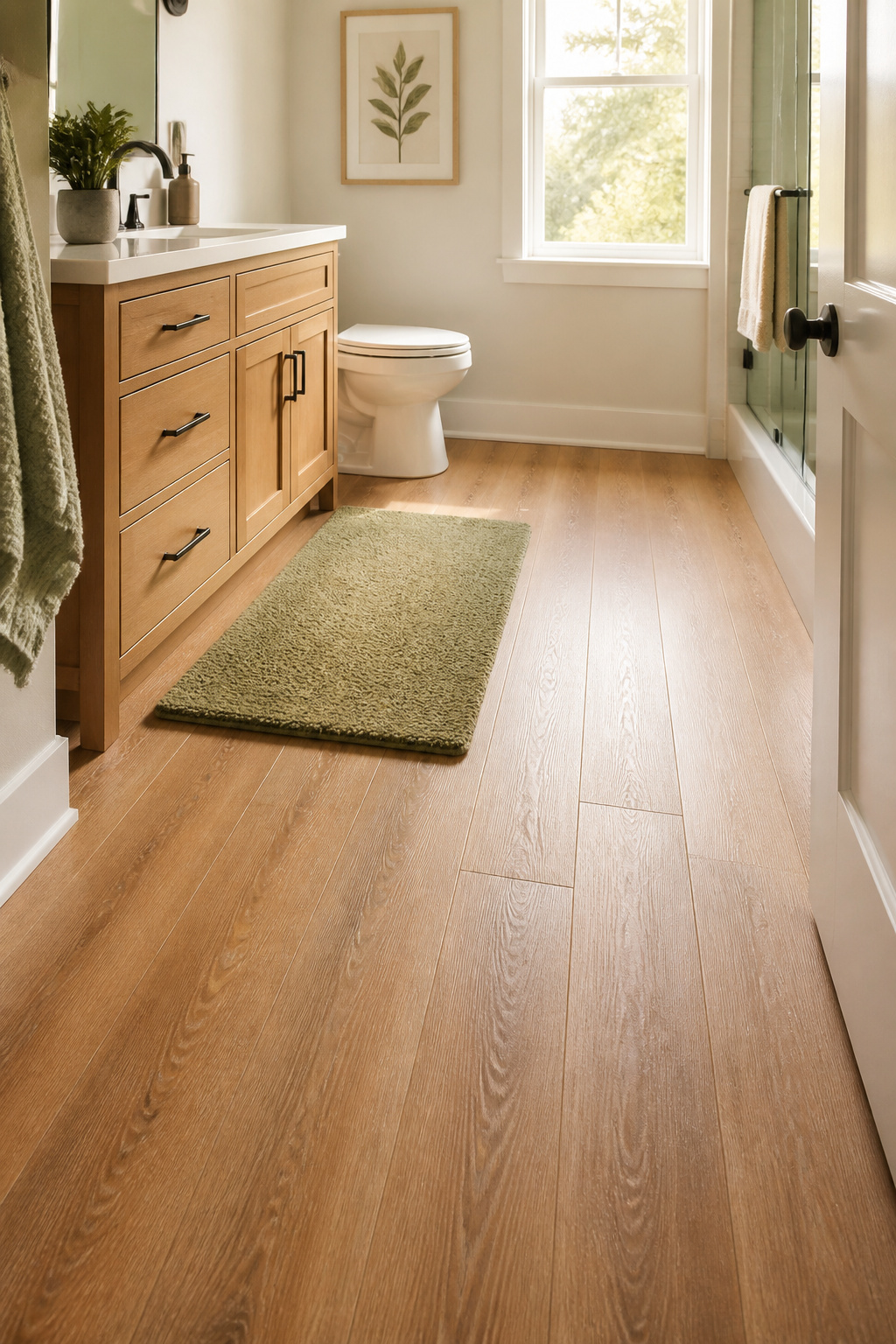 Luxury vinyl plank flooring in warm honey tone in bathroom — waterproof budget-friendly bathroom remodel floor