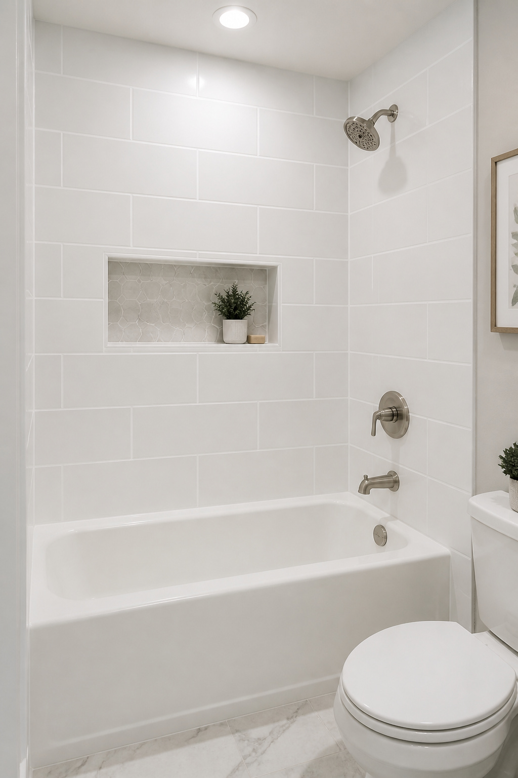 Freshly regrouted white ceramic shower tile and new silicone caulk at tub corner — budget bathroom restoration