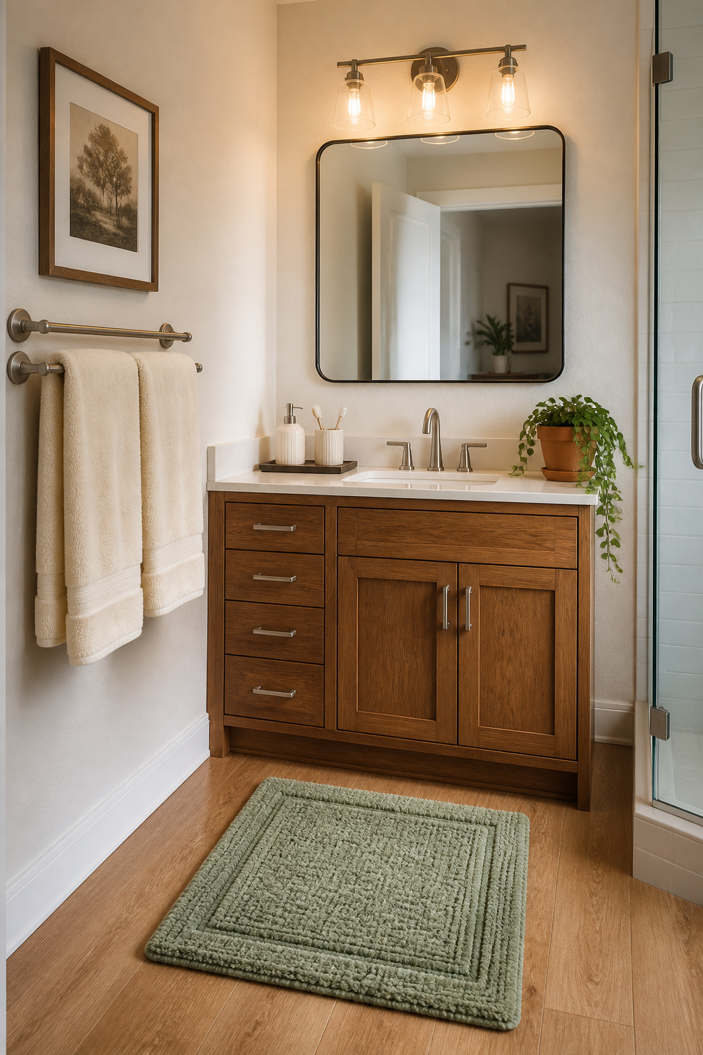 Cream Turkish cotton towels and sage green bath rug completing a budget bathroom remodel with spa-like soft goods