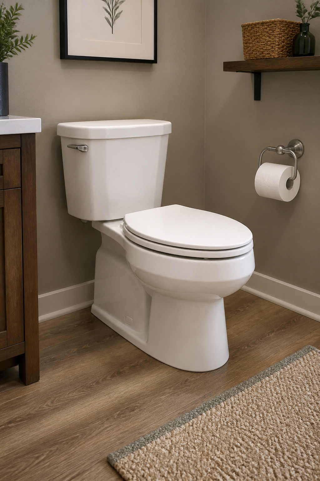 Comfort height elongated toilet with soft-close seat on LVP floor — budget bathroom remodel fixture upgrade