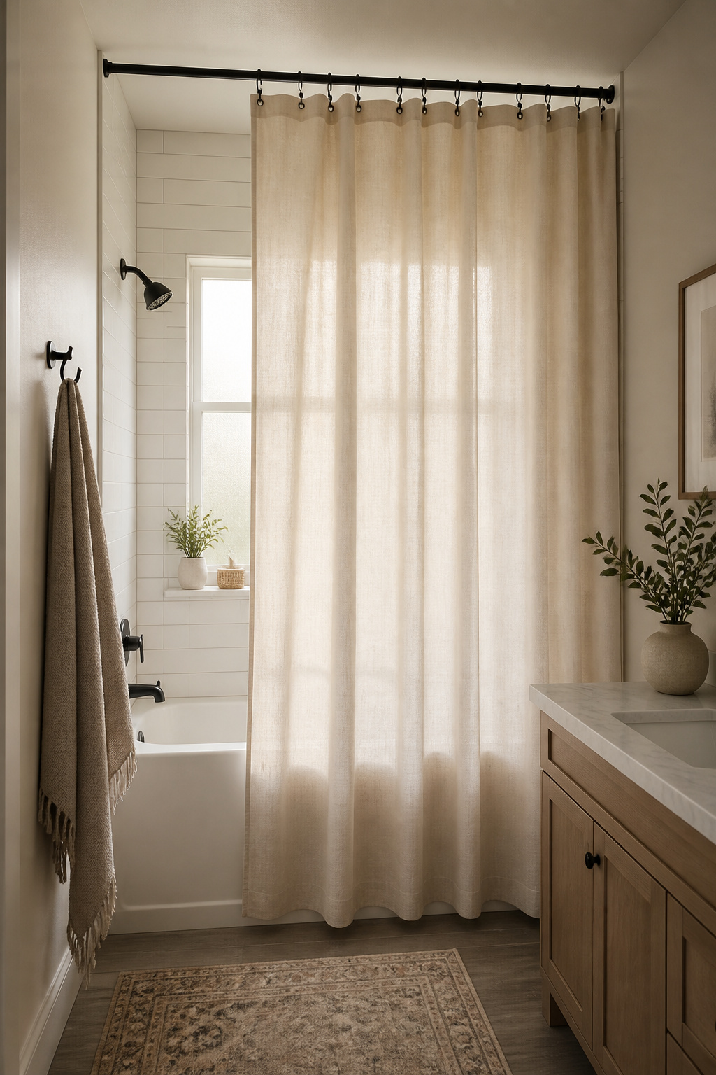 Floor-to-ceiling linen shower curtain on high wall-mounted rod making bathroom feel taller — budget remodel trick