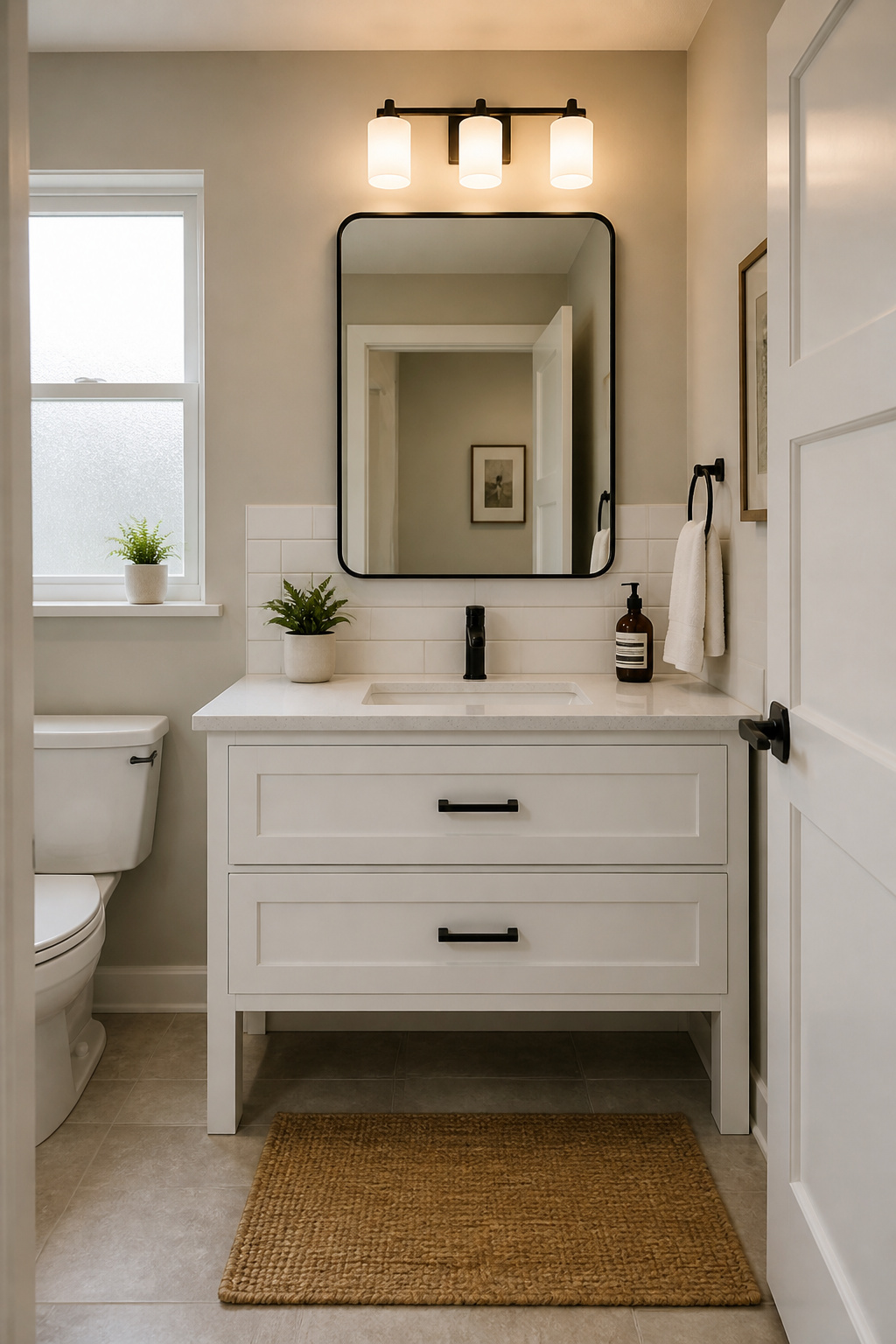 White shaker bathroom vanity at comfort height with quartz countertop and matte black faucet — budget remodel idea