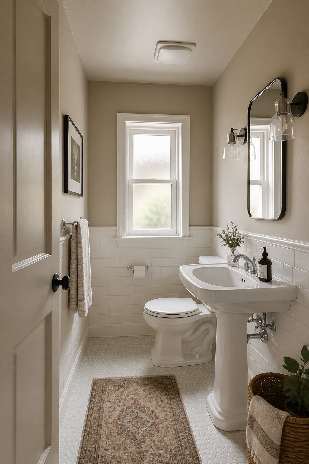 Small bathroom freshly painted in warm greige satin with white pedestal sink — the easiest budget bathroom update
