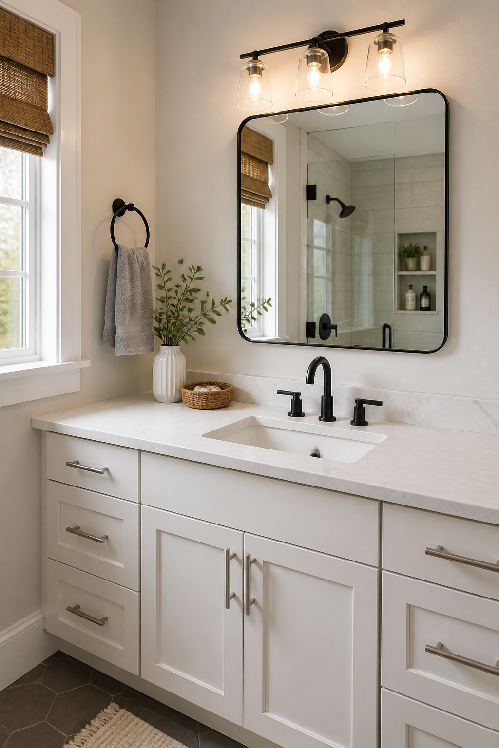 Matte black bathroom faucet and fixtures on white quartz vanity — budget upgrade without plumbing changes