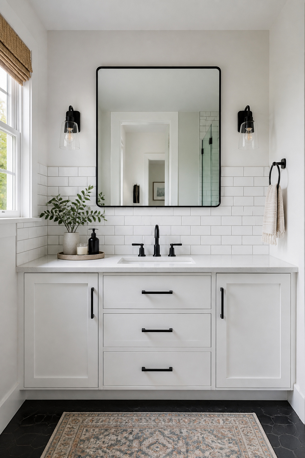 Peel-and-stick white subway tile backsplash above bathroom vanity — affordable bathroom renovation DIY
