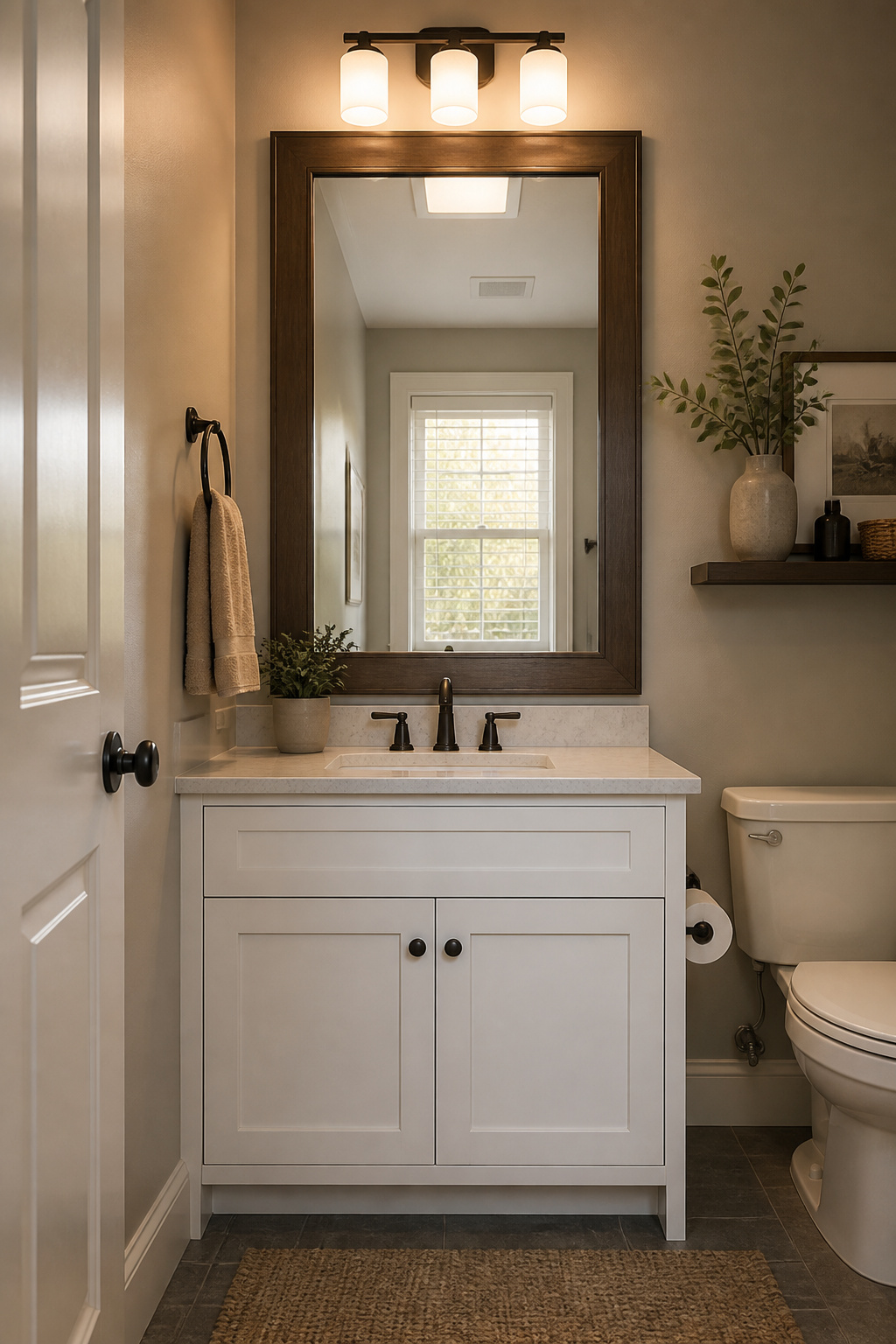 Large DIY wood-framed mirror above bathroom vanity shifting room proportions — budget bathroom remodel idea