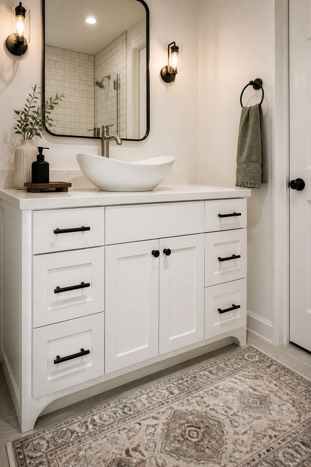 Matte black bar pulls and knobs on white bathroom vanity cabinet — budget bathroom remodel under fifty dollars