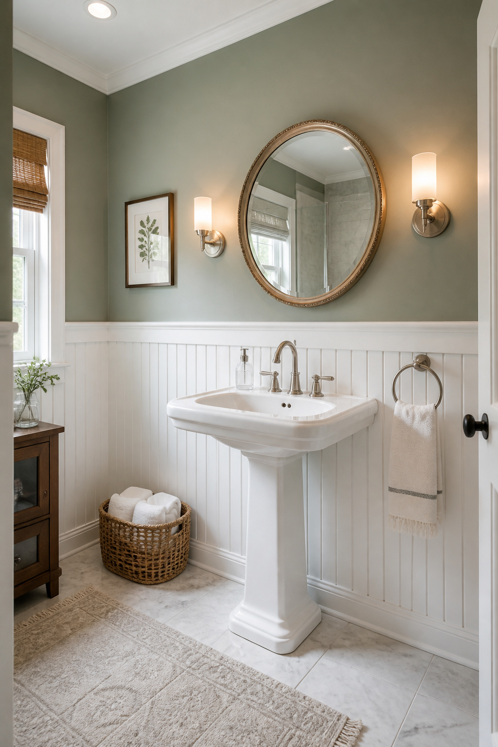 White beadboard wainscoting in bathroom with sage green upper walls — affordable bathroom update