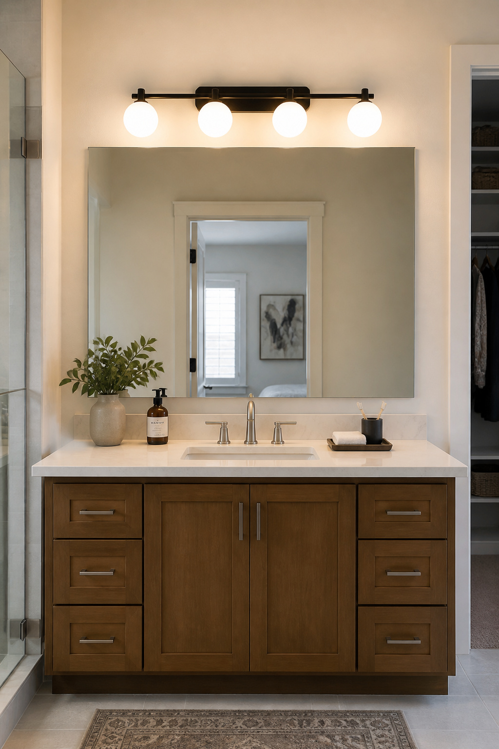 Matte black LED vanity bar light above bathroom mirror with warm accurate 2700K CRI 90 lighting