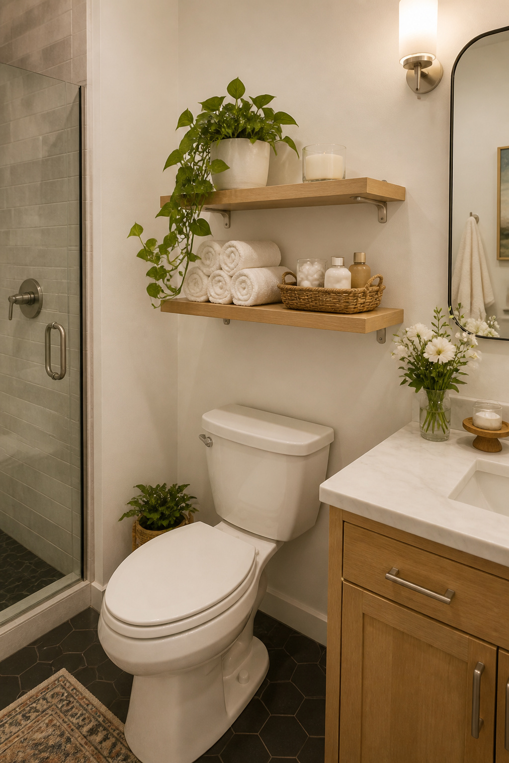 Floating white oak shelves above toilet with rolled towels and plant — bathroom open shelving storage idea
