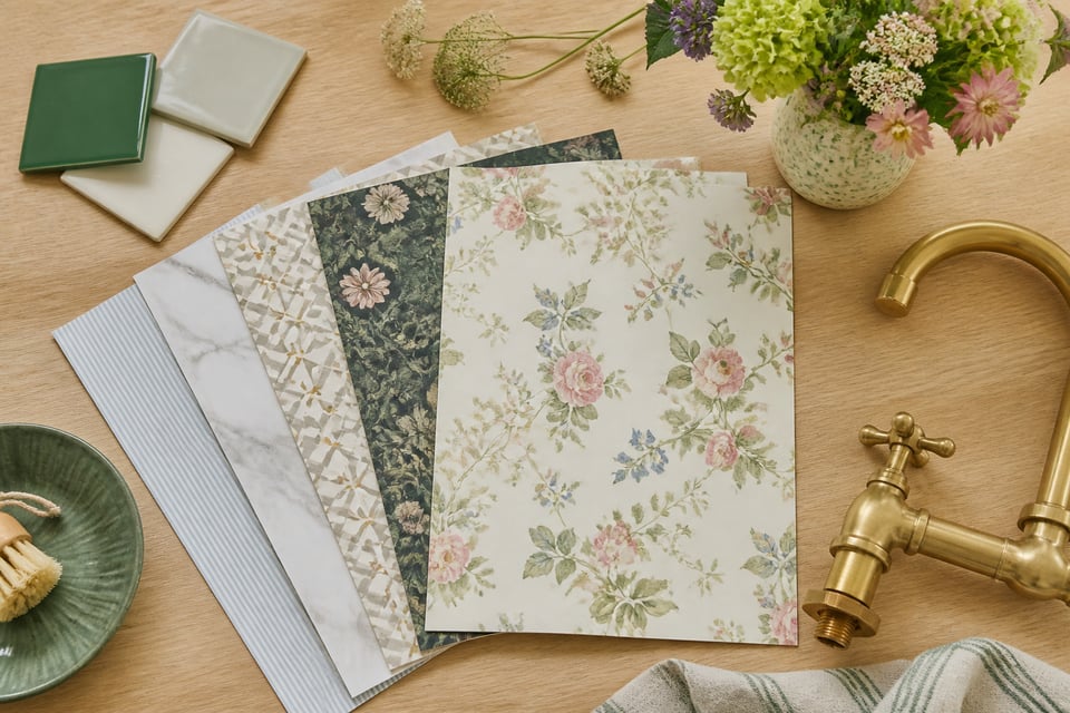 A curated selection of kitchen wallpaper samples alongside natural materials and brass fittings — a visual starting point for finding the kitchen wallpaper inspiration that fits your space and style.