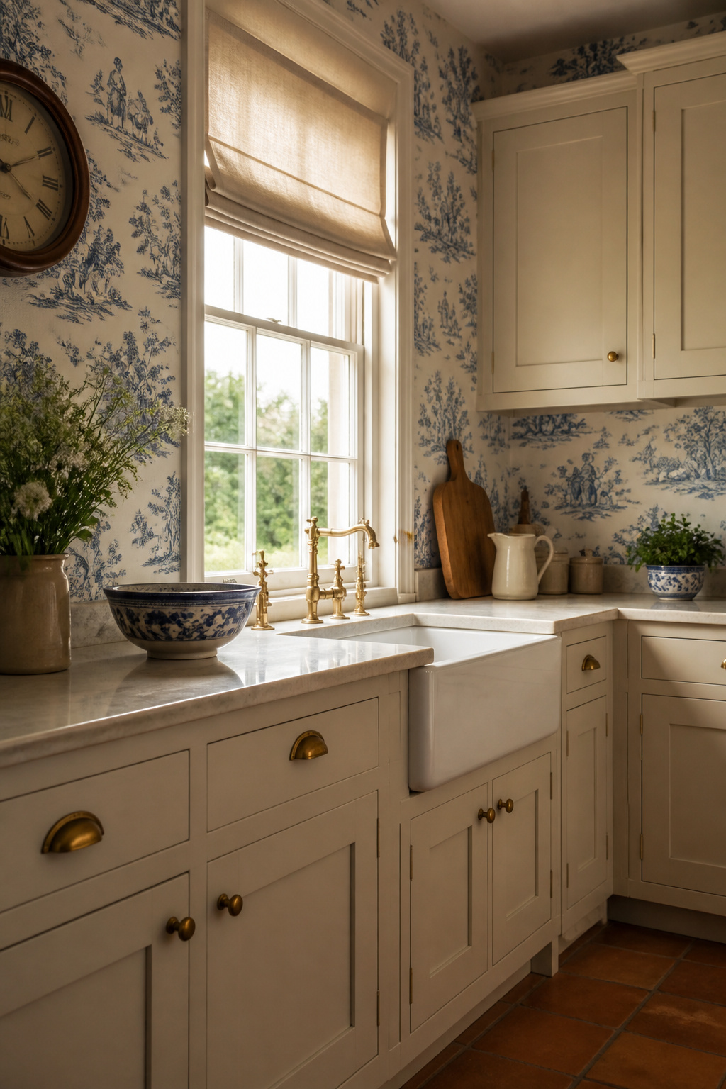 Blue on cream toile de Jouy brings 18th-century French charm to a country kitchen, paired with Shaker cabinetry and terracotta floor tiles for a quietly timeless result.
