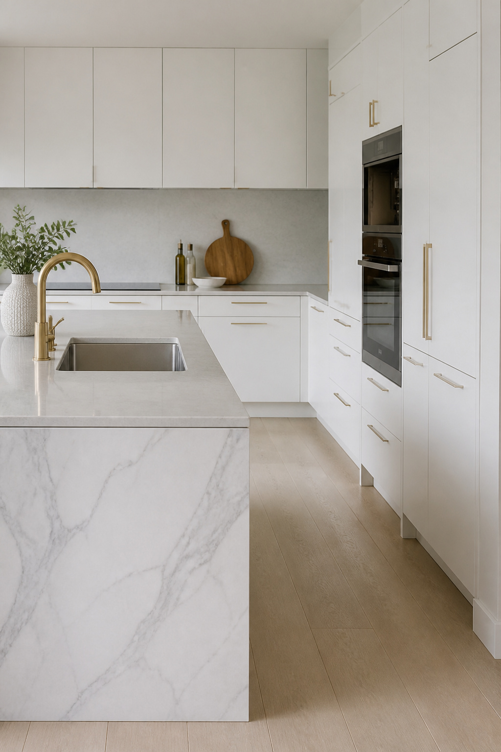 A marble-effect wallpaper on the island end panel delivers luxe stone aesthetics at a realistic cost — particularly effective on vertical surfaces seen from across the room.