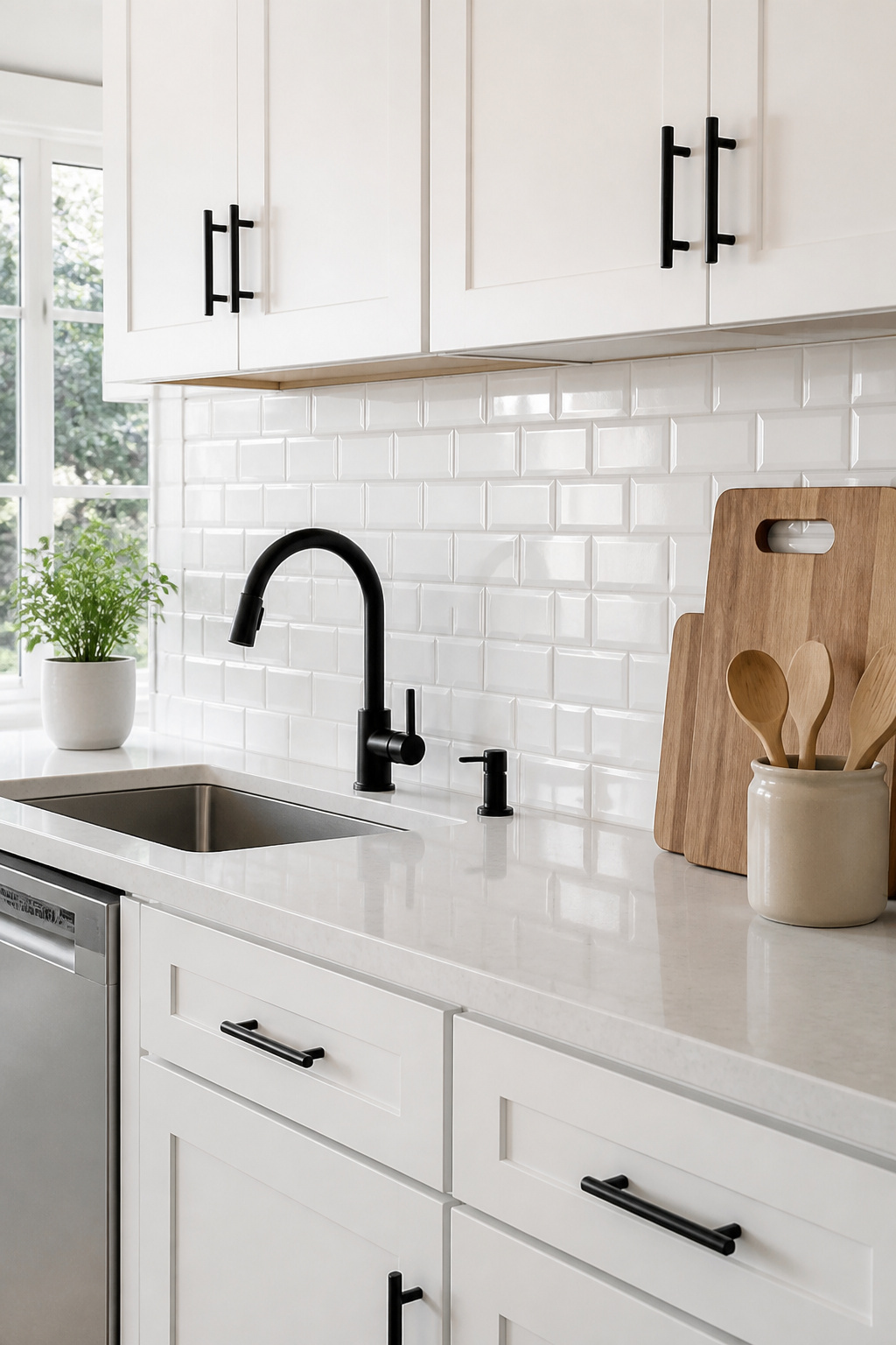 A vinyl faux subway tile wallpaper delivers the clean, ceramic backsplash look at a fraction of the cost — here proving that convincing texture is a material decision, not a budget one.