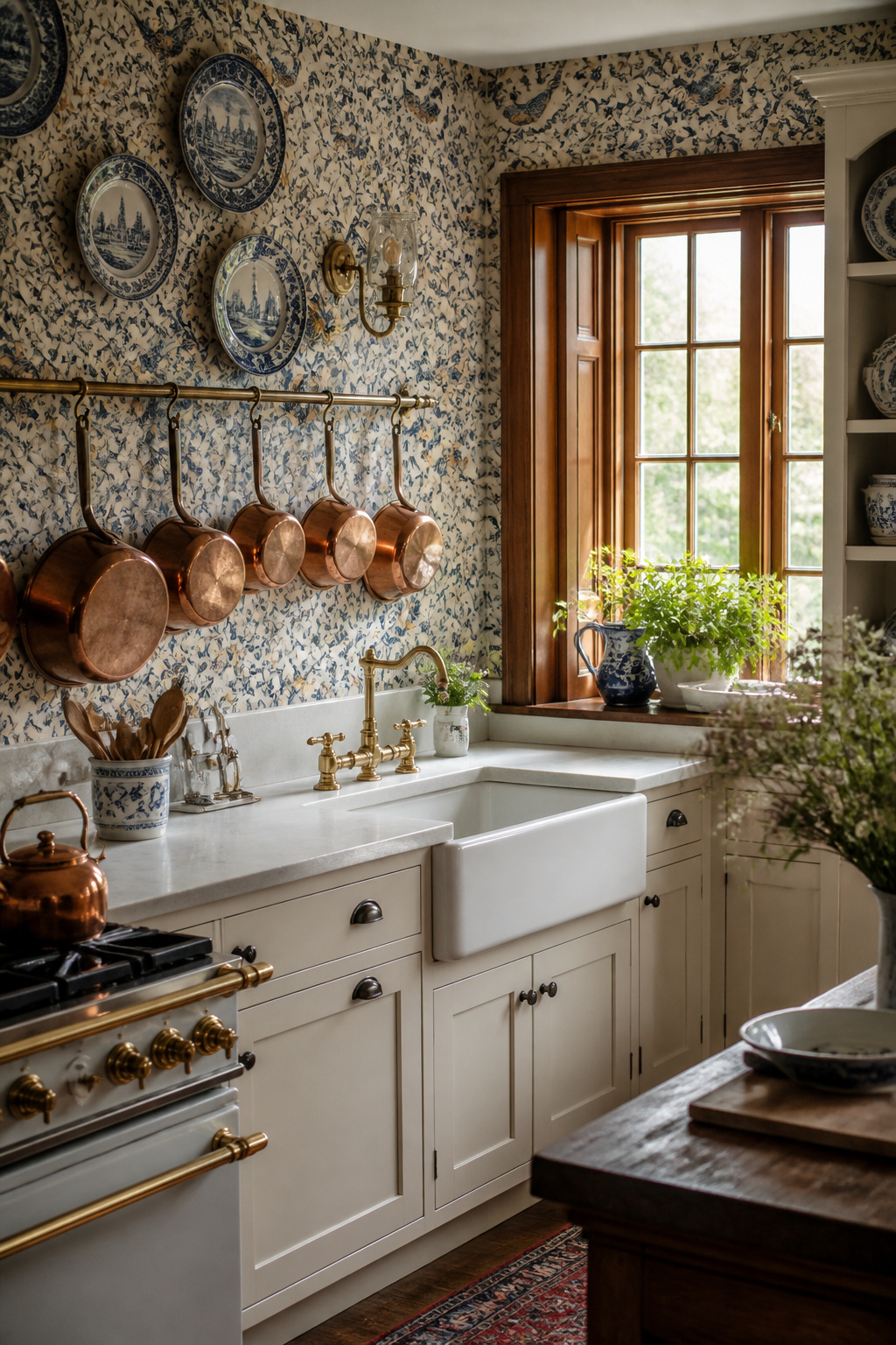 William Morris's Strawberry Thief — a design born in a kitchen garden — pairs naturally with antique transferware and copper kitchenware in a traditionally styled English kitchen.