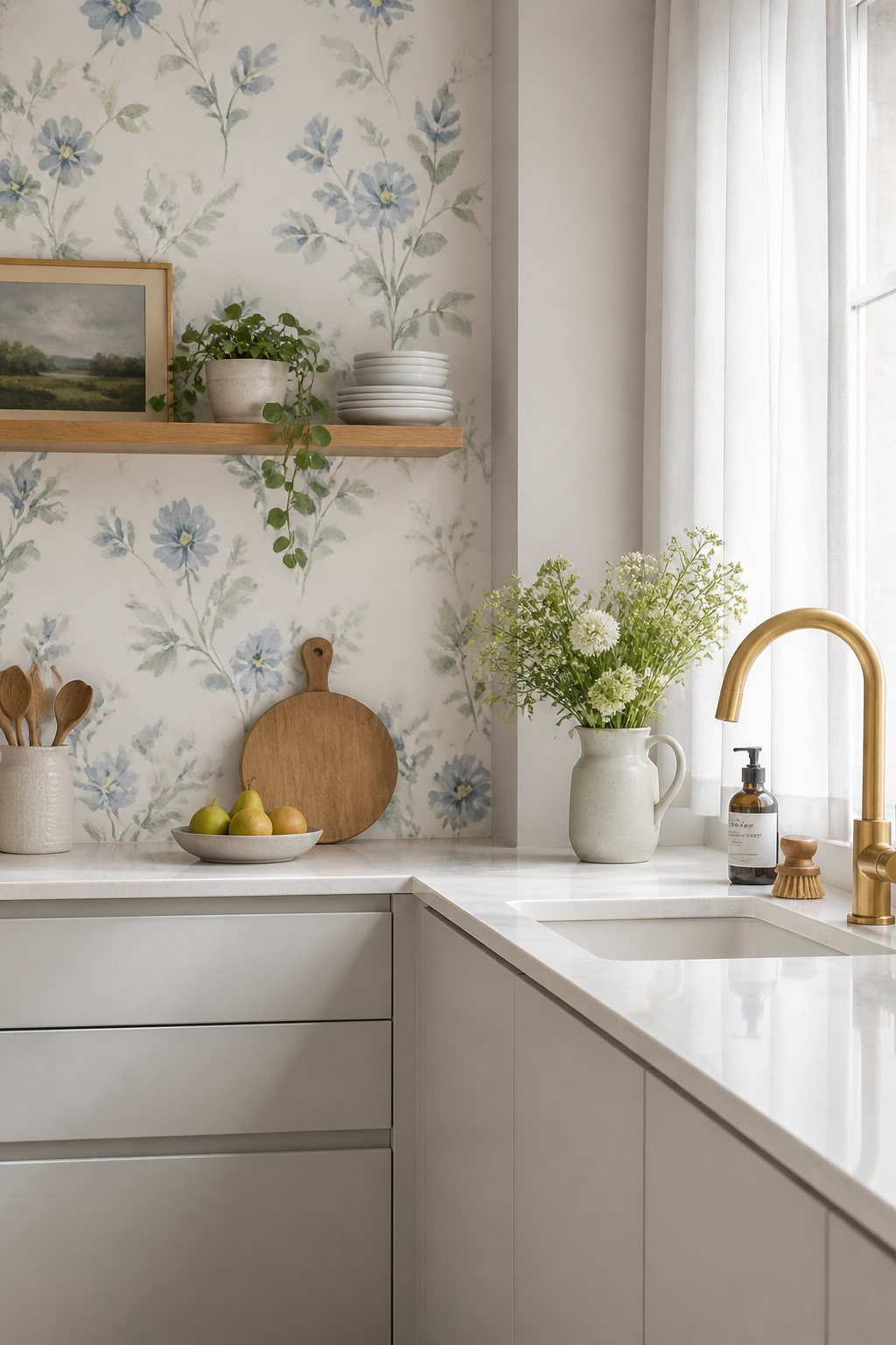 A soft watercolour floral print in dusty blue and sage brings painterly warmth to a minimal grey kitchen, balancing hard surfaces with organic, hand-made energy.