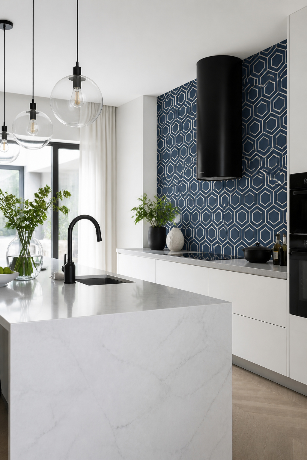 A bold ink-blue hexagon wallpaper on a single accent wall adds graphic energy to an otherwise minimal white kitchen, letting the pattern do all the decorative work.