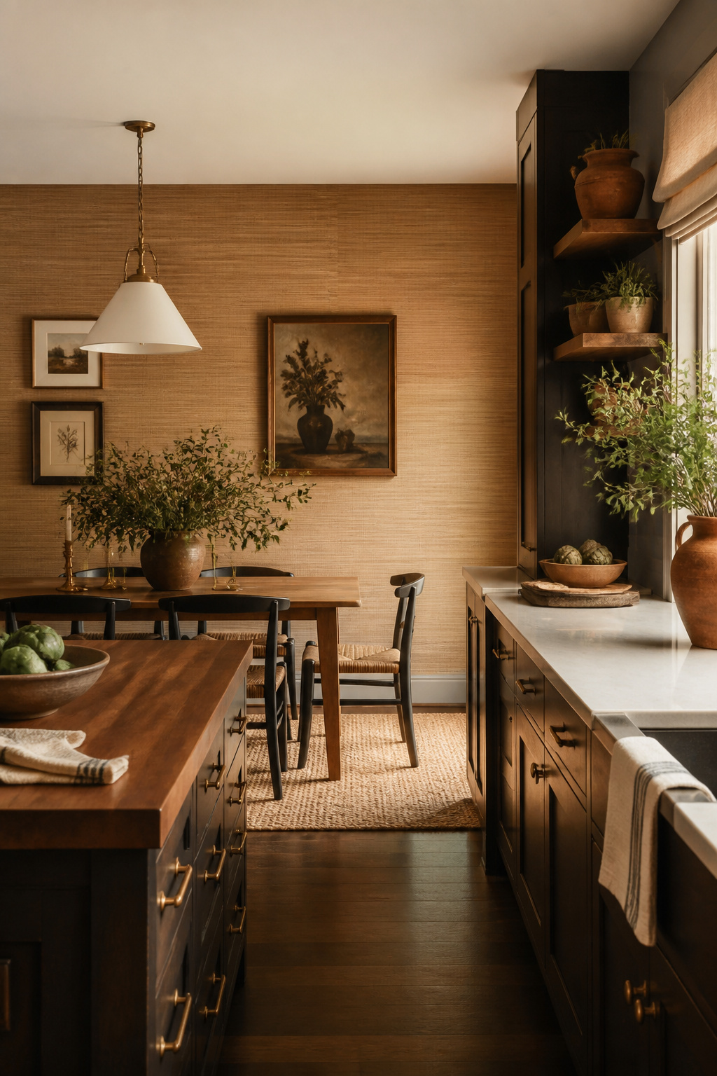 Natural jute grasscloth on the dining end wall adds tactile warmth and organic texture to a family kitchen, working in harmony with dark-stained wood and antique brass.