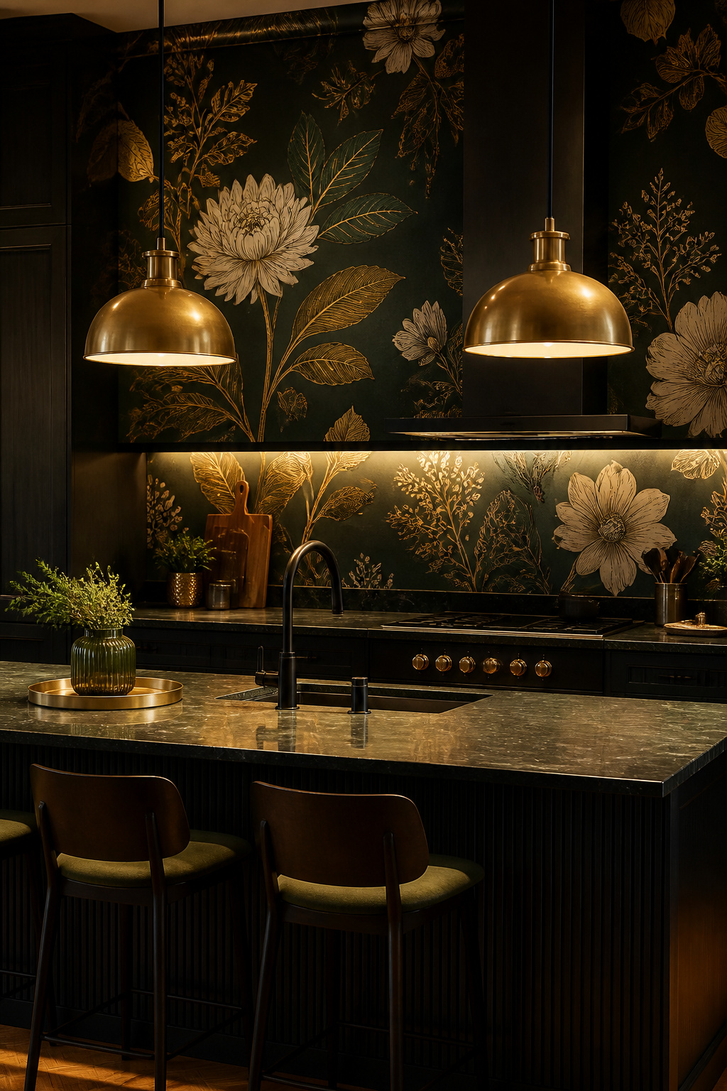 Deep emerald botanical wallpaper with gold botanical illustration creates a richly atmospheric kitchen that comes into its own under warm evening lighting.