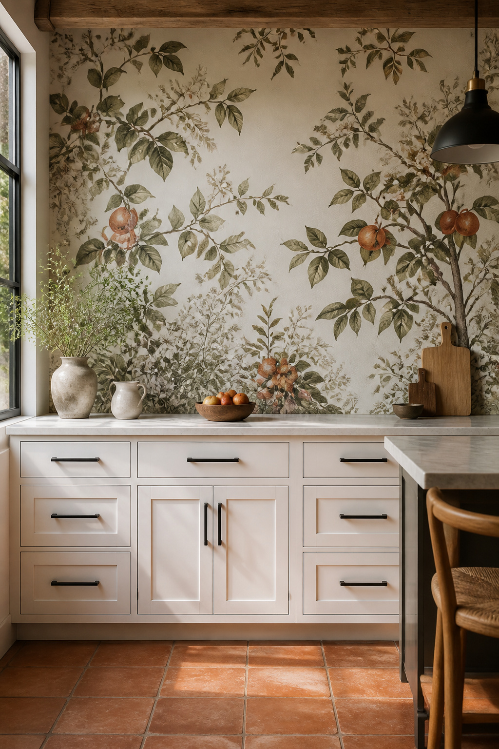 A floor-to-ceiling orchard mural wallpaper turns the back wall of a simple kitchen into a piece of art — the most personal statement a kitchen can make without lifting a paintbrush.