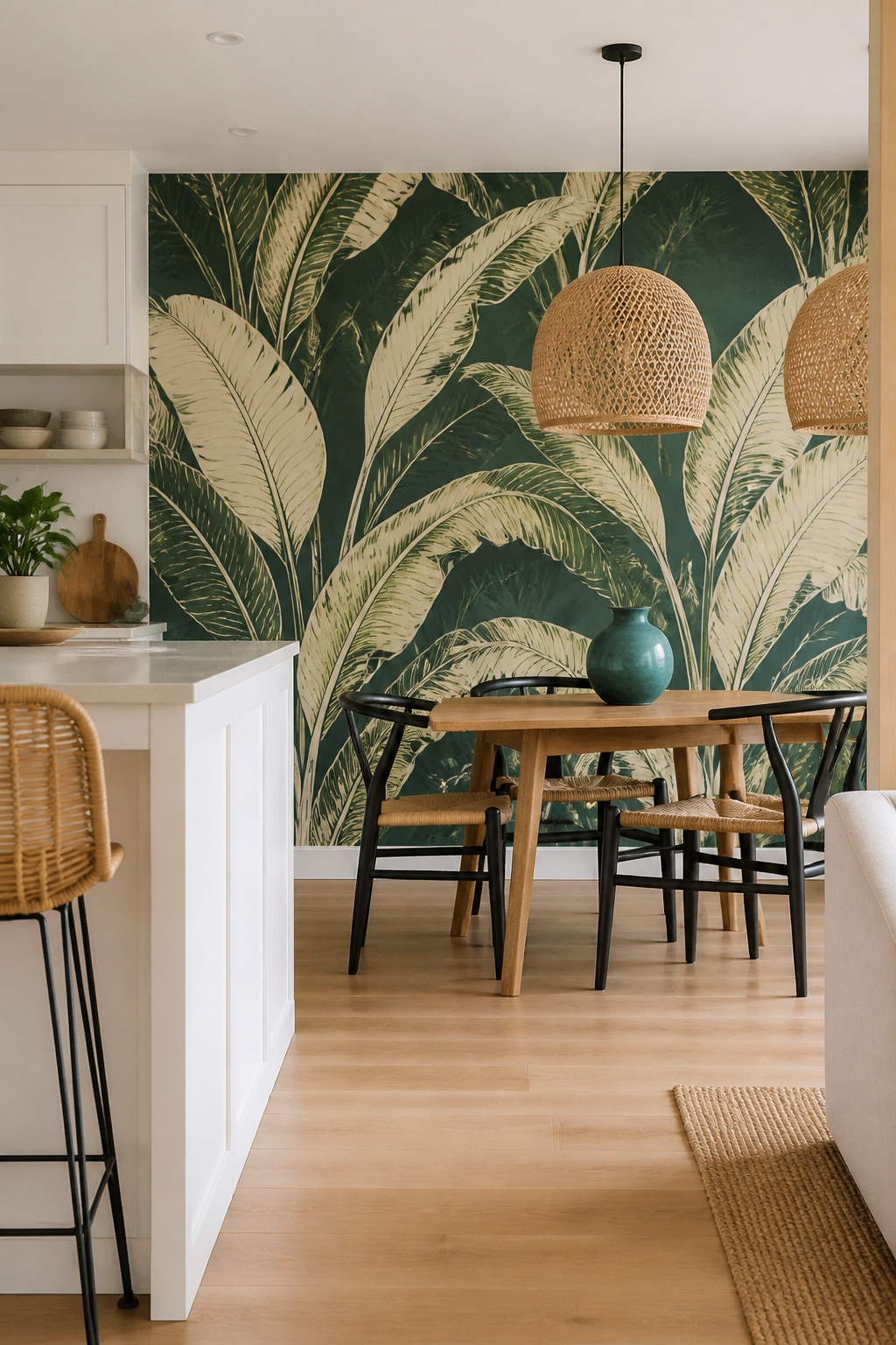 An oversized tropical print on a deep ground turns the end elevation of an open-plan kitchen into a lush, deliberate focal point — with everything else kept intentionally plain.