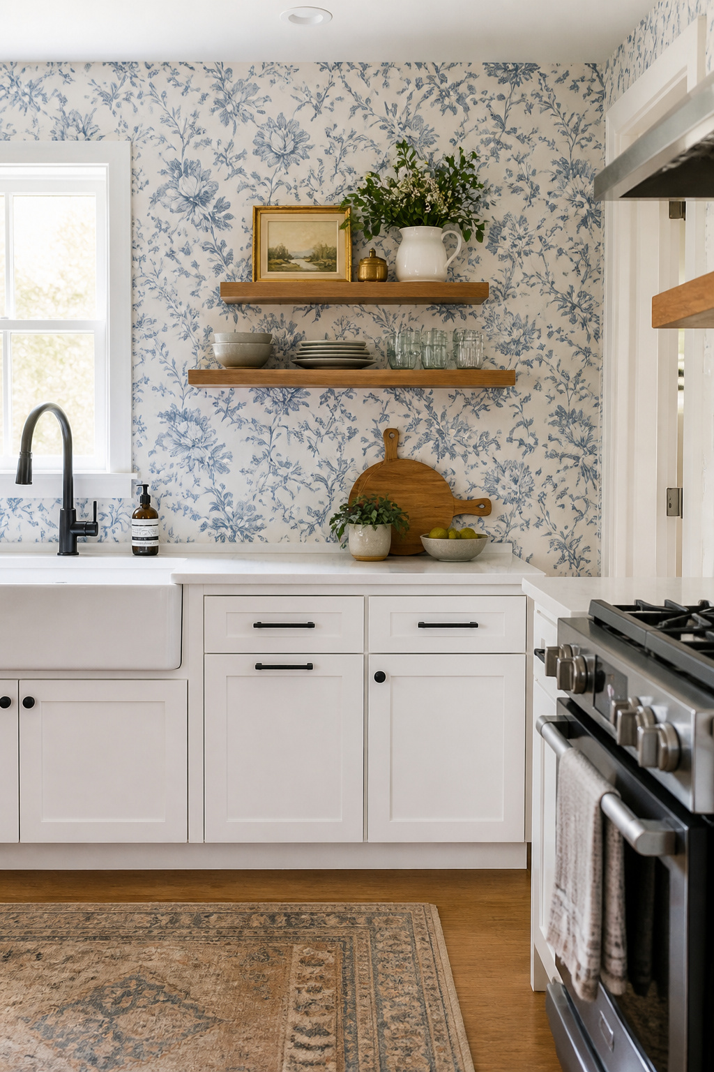 A peel-and-stick floral accent wall turns a rented kitchen from a neutral box into a space with genuine personality — damage-free and fully reversible when moving day comes.