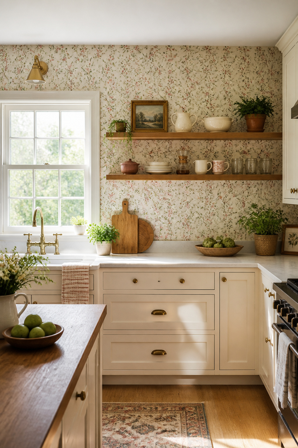A small-scale cottage floral print transforms a breakfast nook accent wall, paired with cream cabinetry and open shelving styled with seasonal ceramics.
