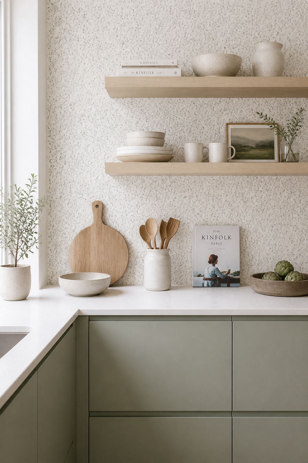 A quiet Scandi sprig wallpaper in grey-green and warm white adds just enough surface interest to a minimalist kitchen without ever pulling focus from the architecture.