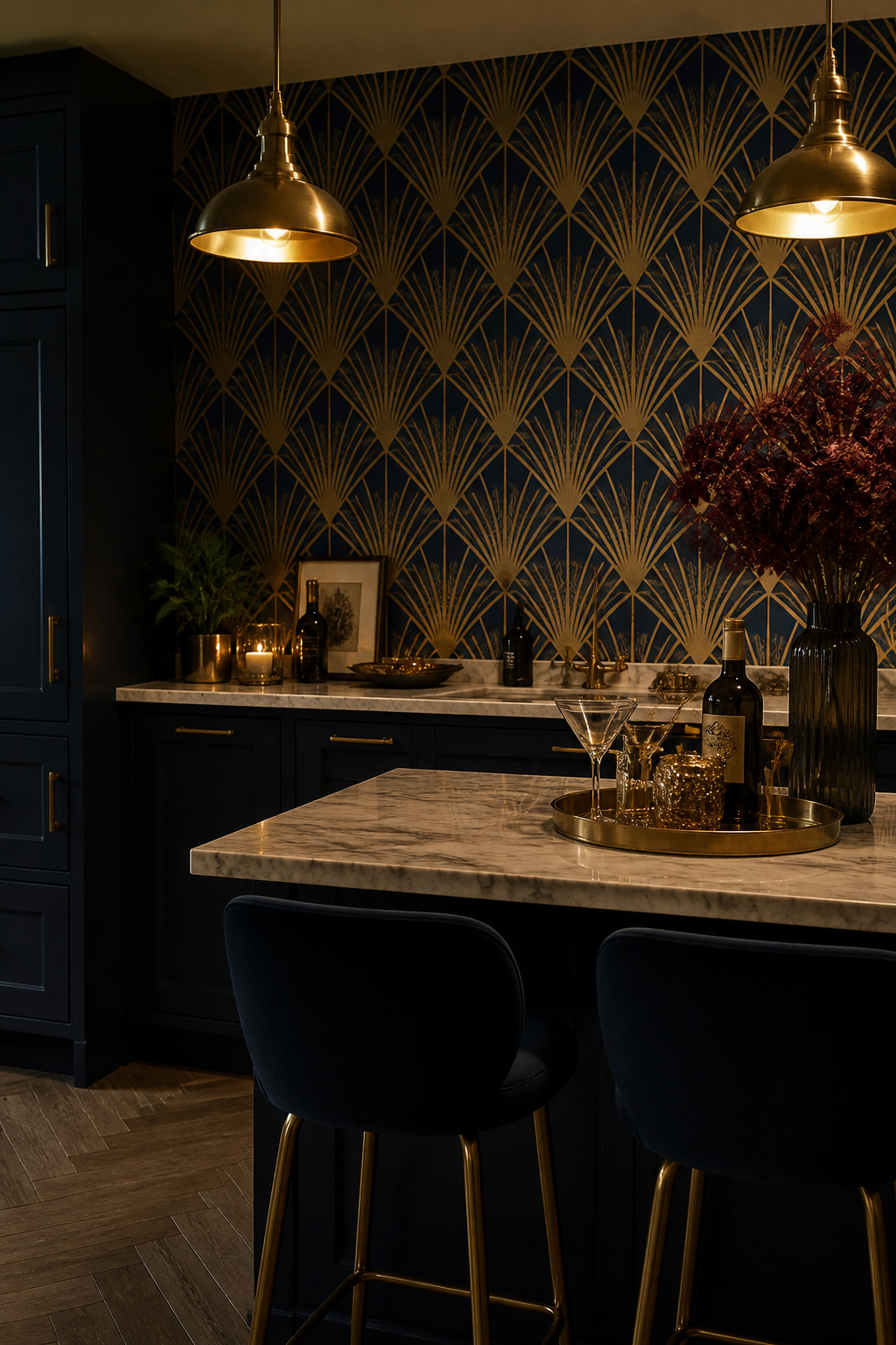 A gold-on-navy Art Deco fan motif wallpaper gives a drinks and dining corner its after-dark glamour — the kind of kitchen feature that makes evening entertaining feel effortless.