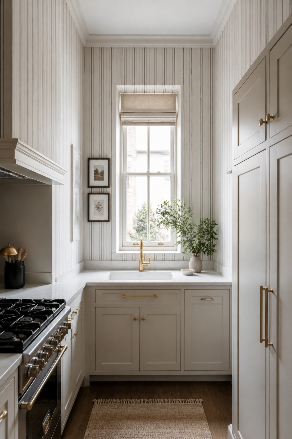 Narrow ticking stripes running floor to ceiling in a compact kitchen add perceived height effortlessly — one of the most functional wallpaper choices available.