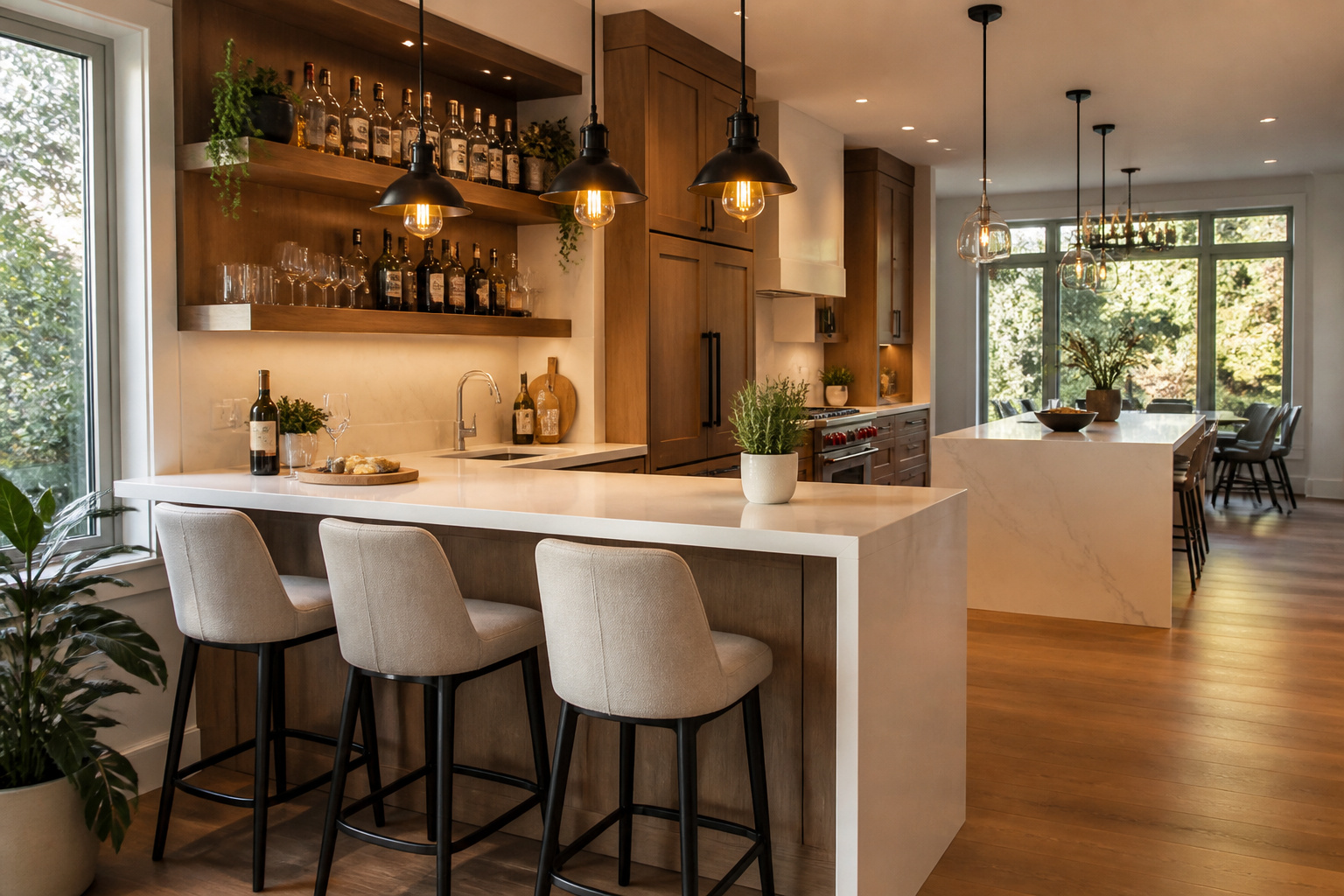 A warm, well-designed open-plan kitchen with a peninsula bar counter and upholstered stools captures every element of a functional entertaining space — from the quartz overhang to the curated glassware shelf above.