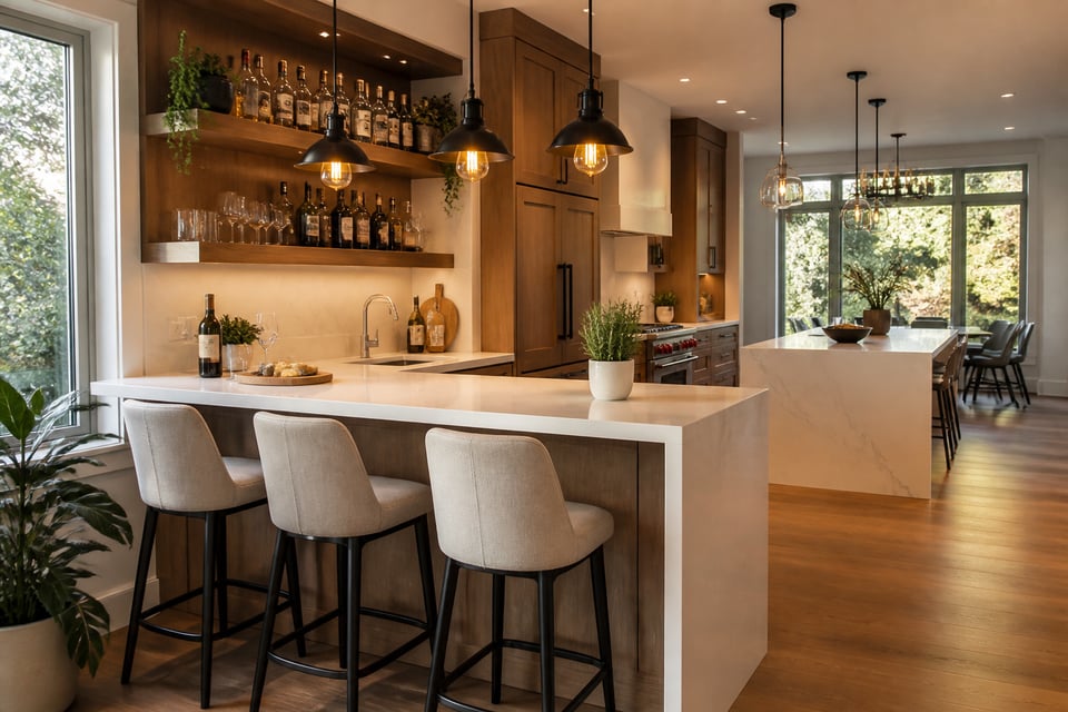 A warm, well-designed open-plan kitchen with a peninsula bar counter and upholstered stools captures every element of a functional entertaining space — from the quartz overhang to the curated glassware shelf above.