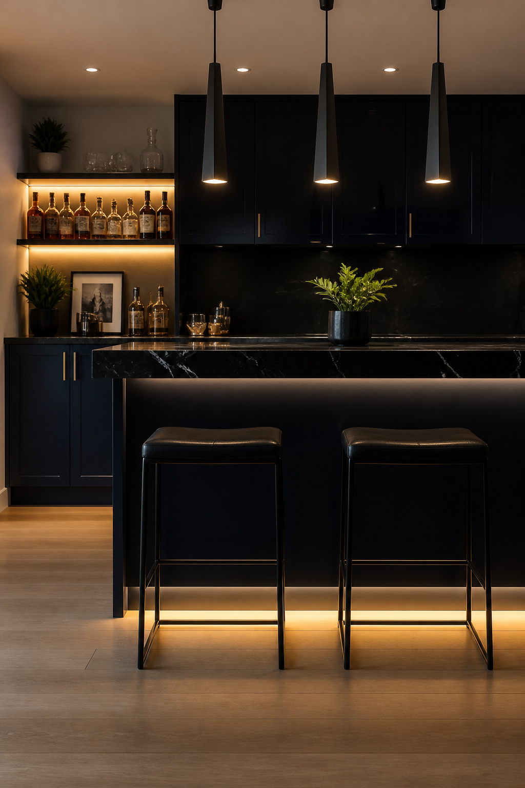 A Nero Marquina marble bar counter with LED strip underlighting in an aluminum channel profile defines the modern kitchen bar zone at night — the warm 2700K pool of light on the floor making the counter appear to float.