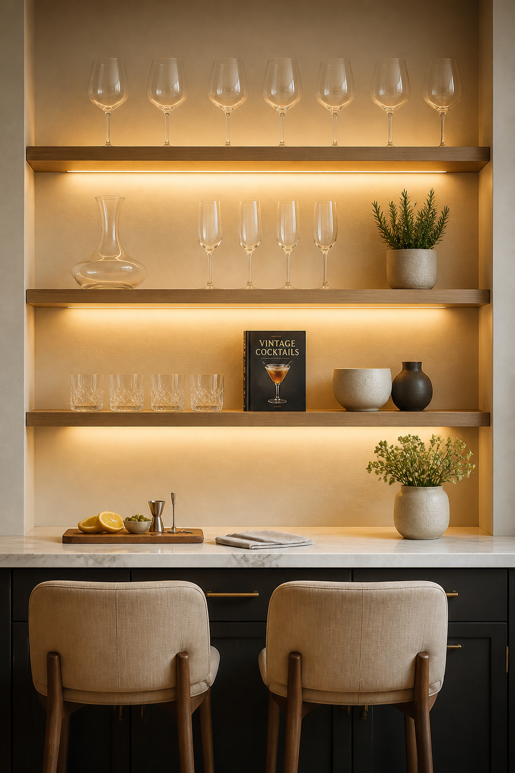 Three tiers of open white oak shelving with warm under-shelf LED lighting transform the kitchen bar area into a curated display that's as much art installation as storage solution.