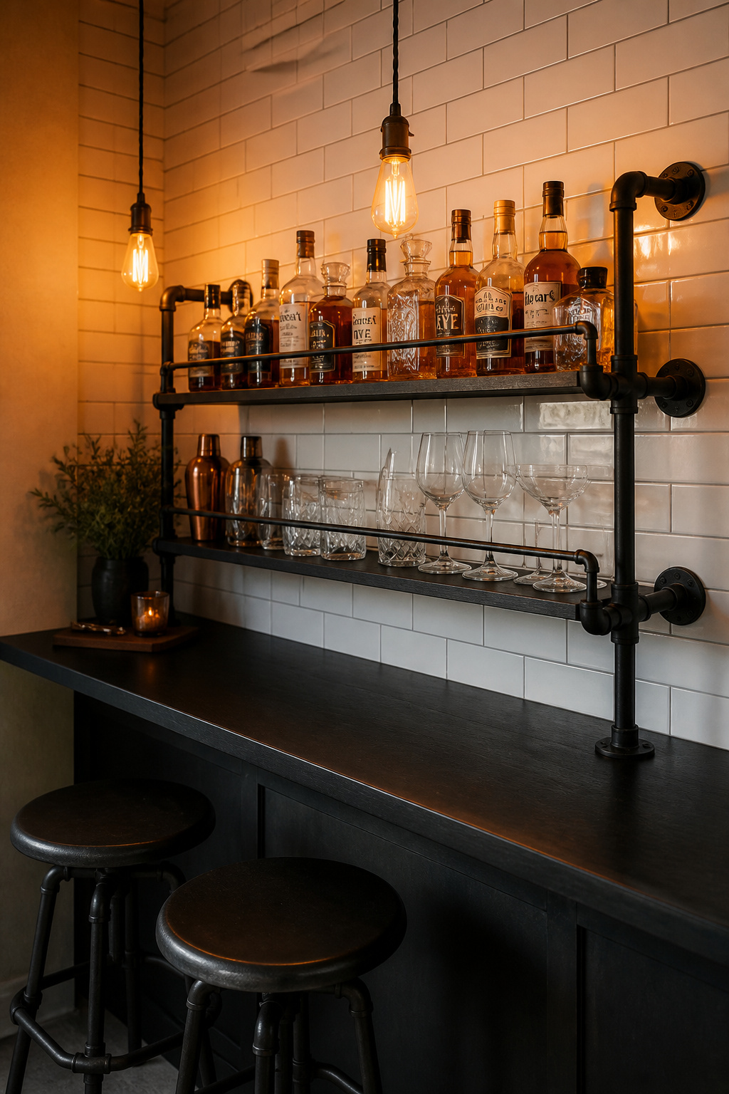 Black iron pipe shelving with Edison pendant lights creates the definitive industrial kitchen bar look — raw structure as deliberate design, with warm amber light doing the atmospheric heavy lifting.