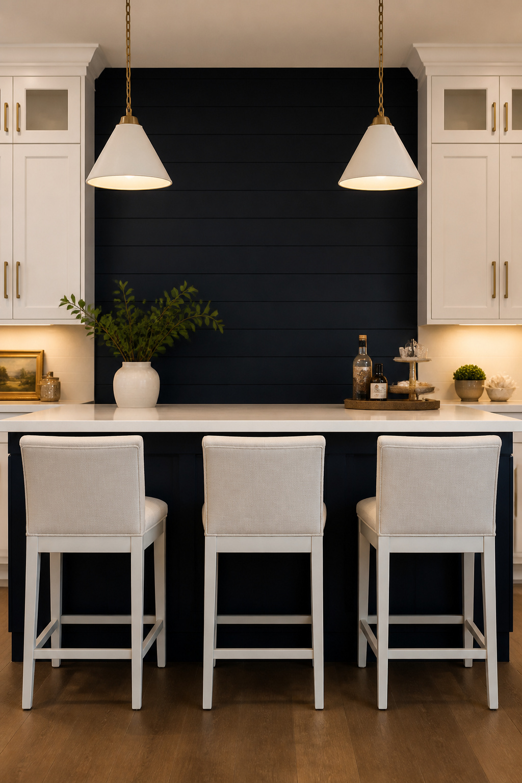 A floor-to-ceiling shiplap accent wall in Sherwin-Williams Naval behind three cream linen bar stools gives the kitchen bar design a defined back — transforming a counter edge into a fully framed destination.