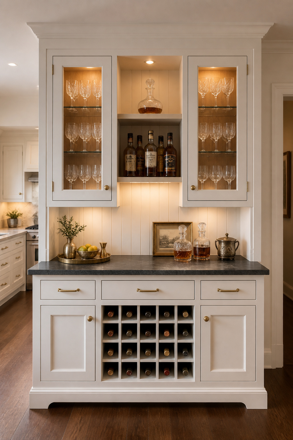 A built-in bar cabinet with glass-front uppers, a soapstone serving counter, and a 24-bottle wine rack brings the entertaining zone firmly into the kitchen without sacrificing a single cabinet bay.