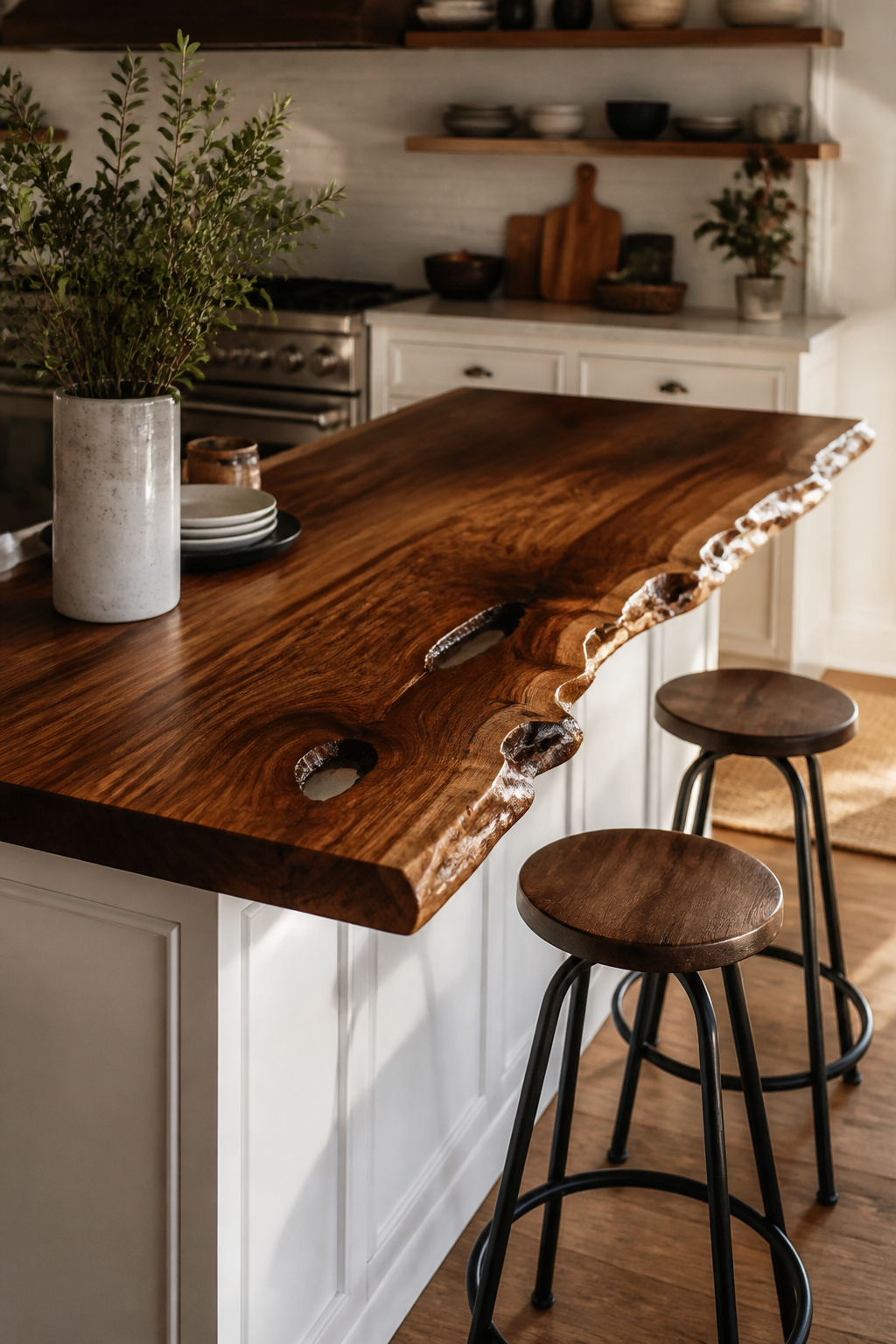 A live-edge walnut slab breakfast bar with epoxy-filled voids and mid-century black metal stools is the kitchen detail that no manufactured countertop can replicate — every grain pattern and natural edge profile is unique.