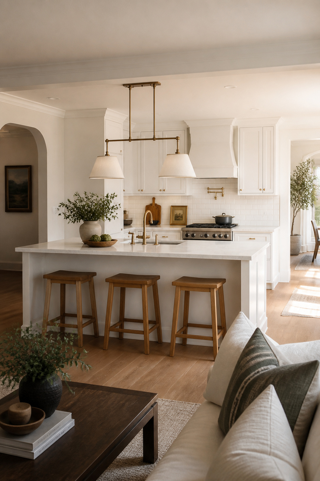 A white quartz peninsula bar counter with natural oak stools creates a seamless transition between cooking and entertaining in this open-plan kitchen — seating where the action is without a single wasted square foot.