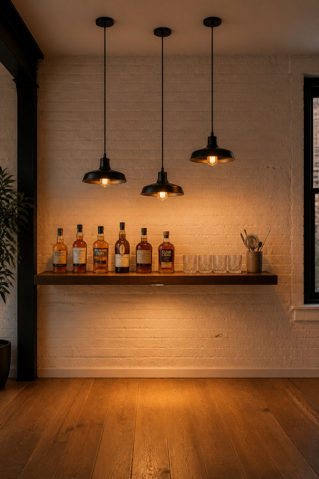 A 48-inch walnut floating shelf bar with staggered matte black pendant lights transforms a bare kitchen wall into a dedicated bar zone for well under $500 in materials.