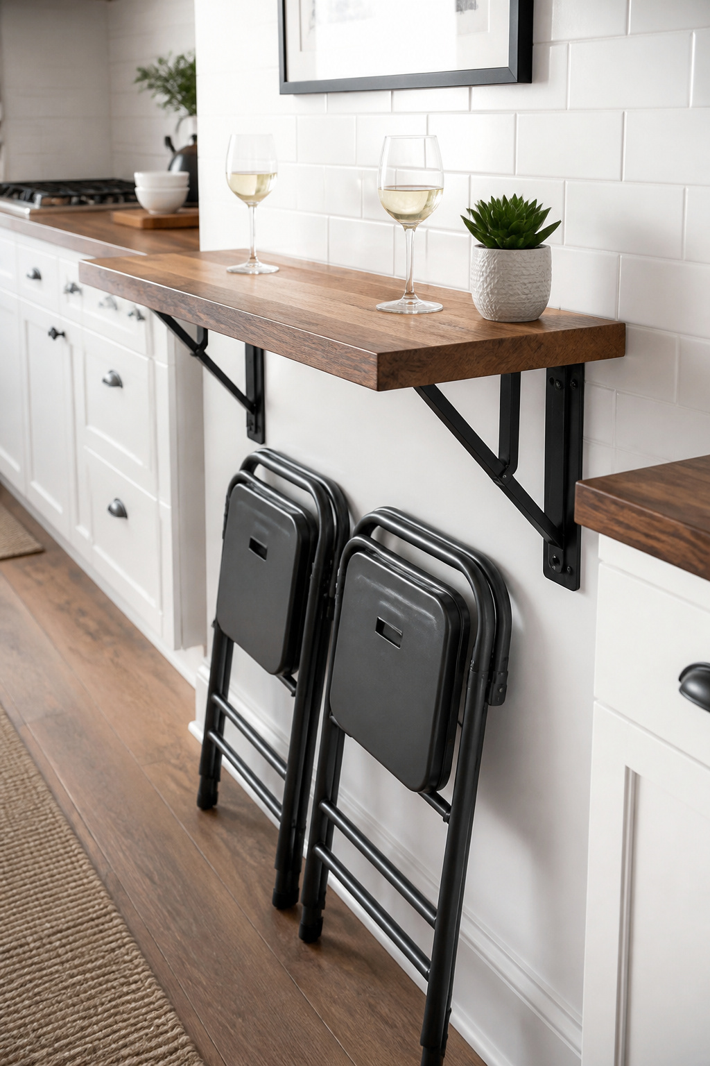 A butcher block fold-down bar ledge on matte black steel brackets deploys a full bar surface in a galley kitchen that has zero floor space to spare — the most practical small kitchen bar idea.