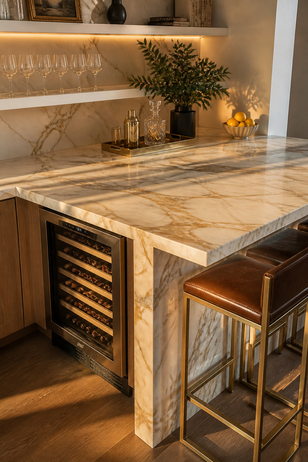 A honed Calacatta gold marble bar counter with an integrated dual-zone wine cooler and brass stools is the luxury kitchen bar combination that photographs best and tells the truth about its material from day one.