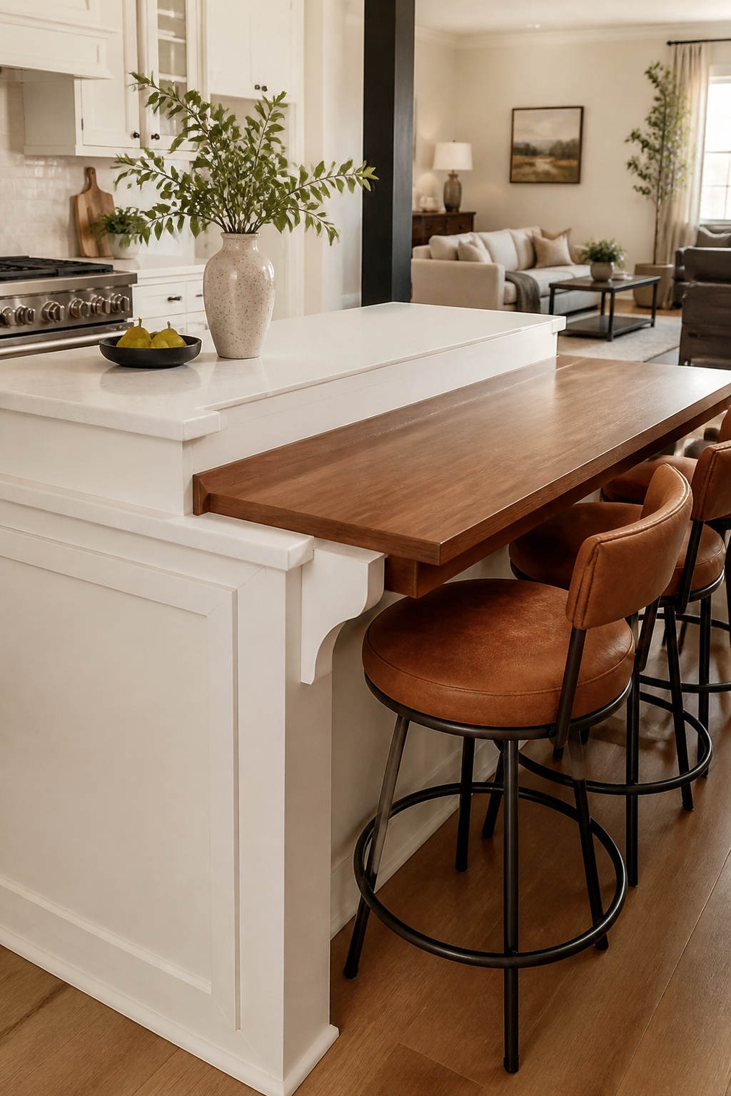 Swivel Crypton-fabric bar stools at a walnut-surfaced step-down dining bar let the whole family pivot and join the conversation — the counter height transition keeping prep and gathering firmly separate.