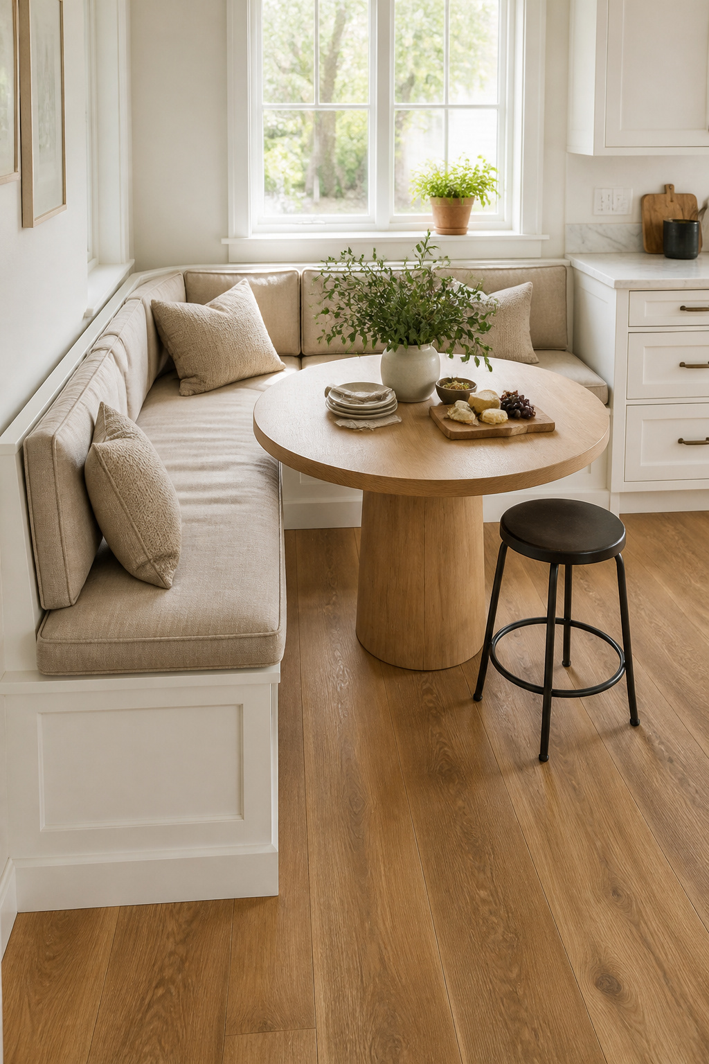 A corner L-shaped banquette in warm linen with a white oak bar table converts the kitchen's least-used corner into its most inviting seat — perfect for casual breakfasts and lingering weekend lunches.