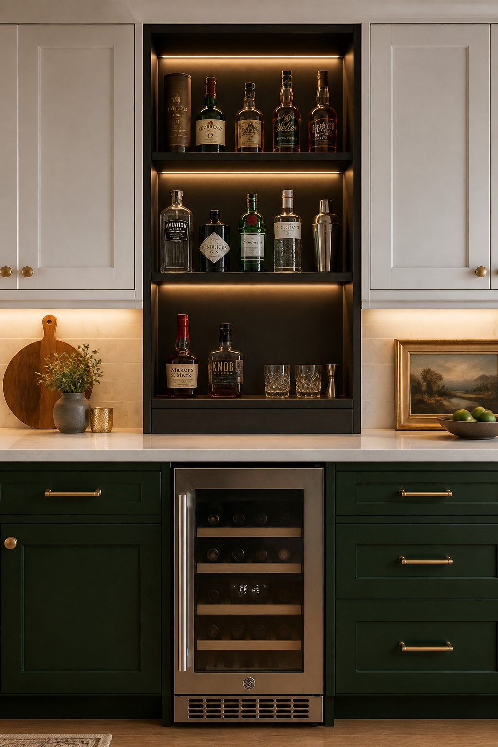 Forest green lower cabinets with a dedicated open cocktail station section — shelved, lit from within, and fitted with an under-counter wine cooler — define the bar zone without a single piece of furniture.