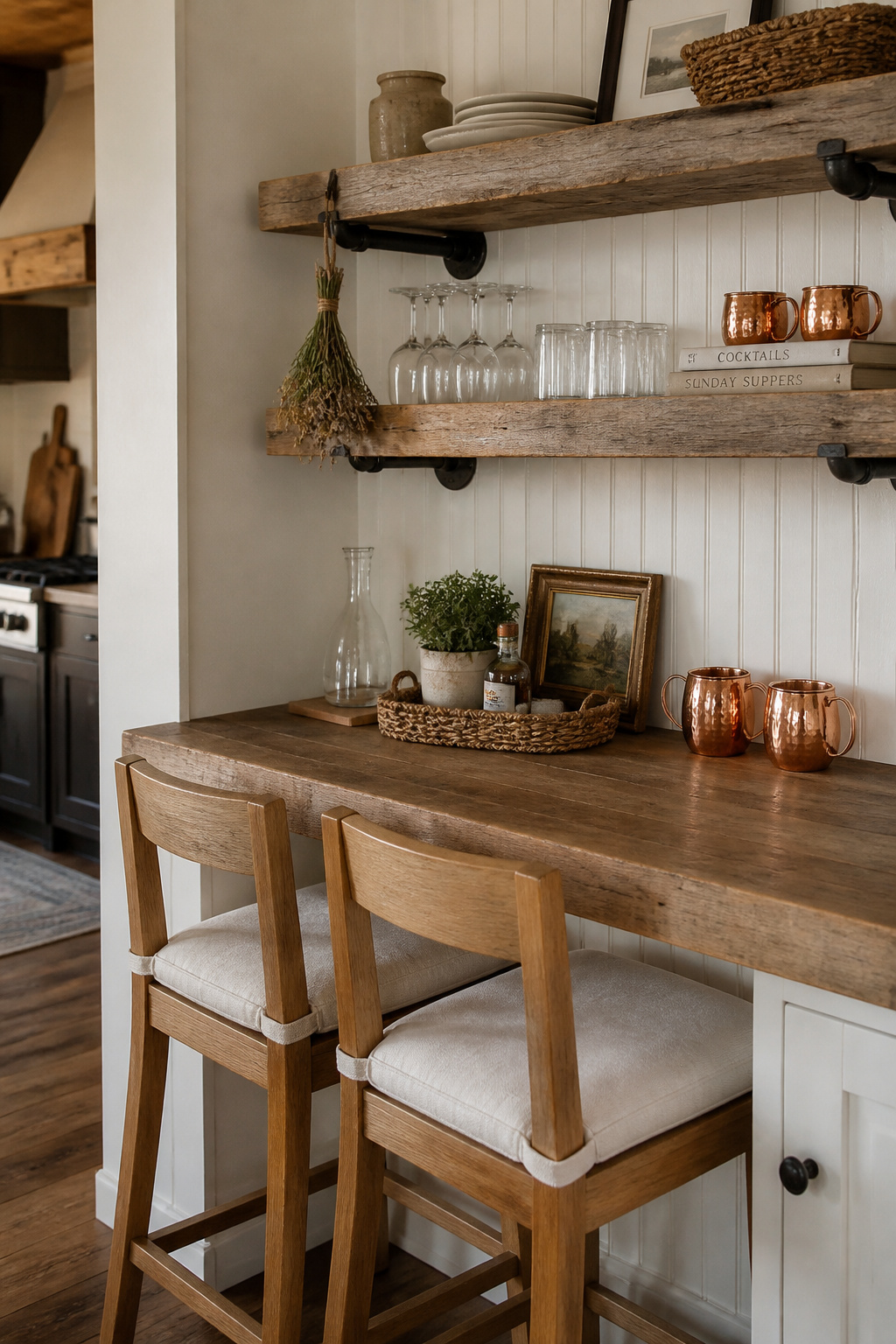 Reclaimed wide-plank white oak shelving with matte black iron pipe brackets above a butcher block counter and natural Shaker stools captures exactly the collected-over-time farmhouse kitchen bar aesthetic.