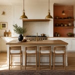 A kitchen that spans the full range of backsplash possibilities — from classic subway tile to handmade Zellige and slab marble — all unified by warm wood tones and aged brass hardware.