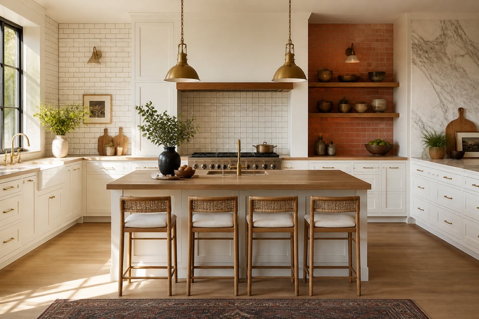 A kitchen that spans the full range of backsplash possibilities — from classic subway tile to handmade Zellige and slab marble — all unified by warm wood tones and aged brass hardware.